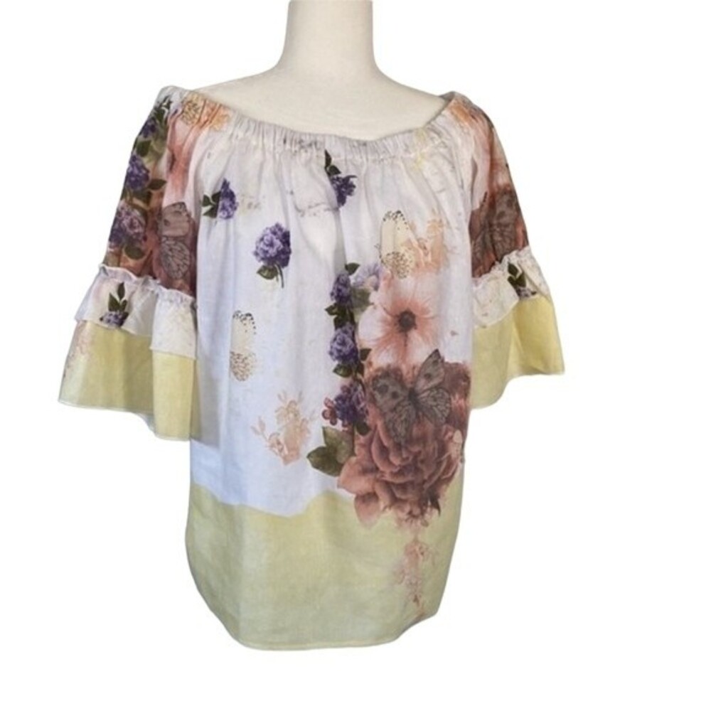 Anthropologie Hester & Orchard Linen Blend Floral Ruffle Short Sleeve Top Blouse